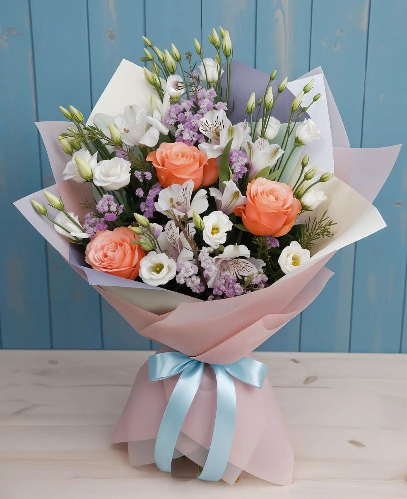 Букет цветов из: Лизиантусы, Розы, Альстромерии и Гипсофила в Кулешовке