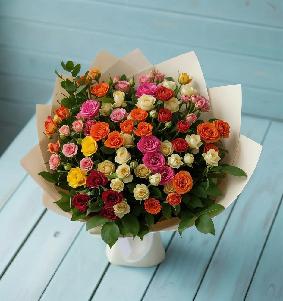 Букет Микс из разноцветных кустовых роз в Кулешовке