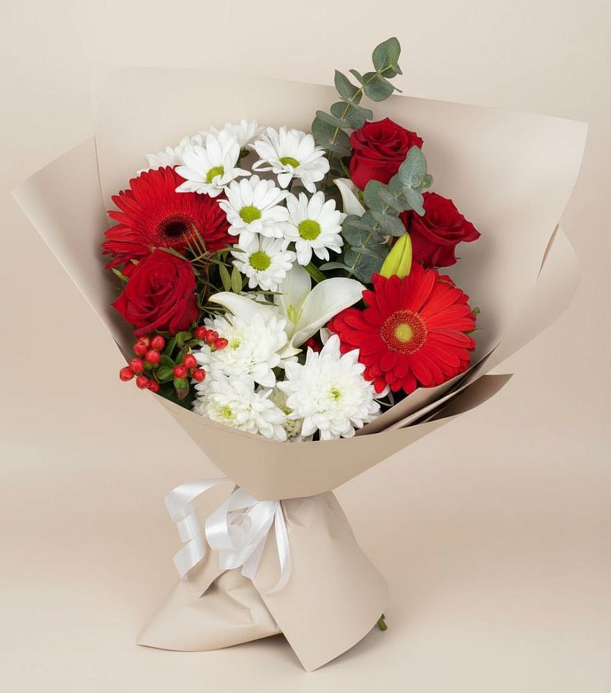Букет цветов из: Розы, Хризантемы, Герберы и Лилии в Кулешовке